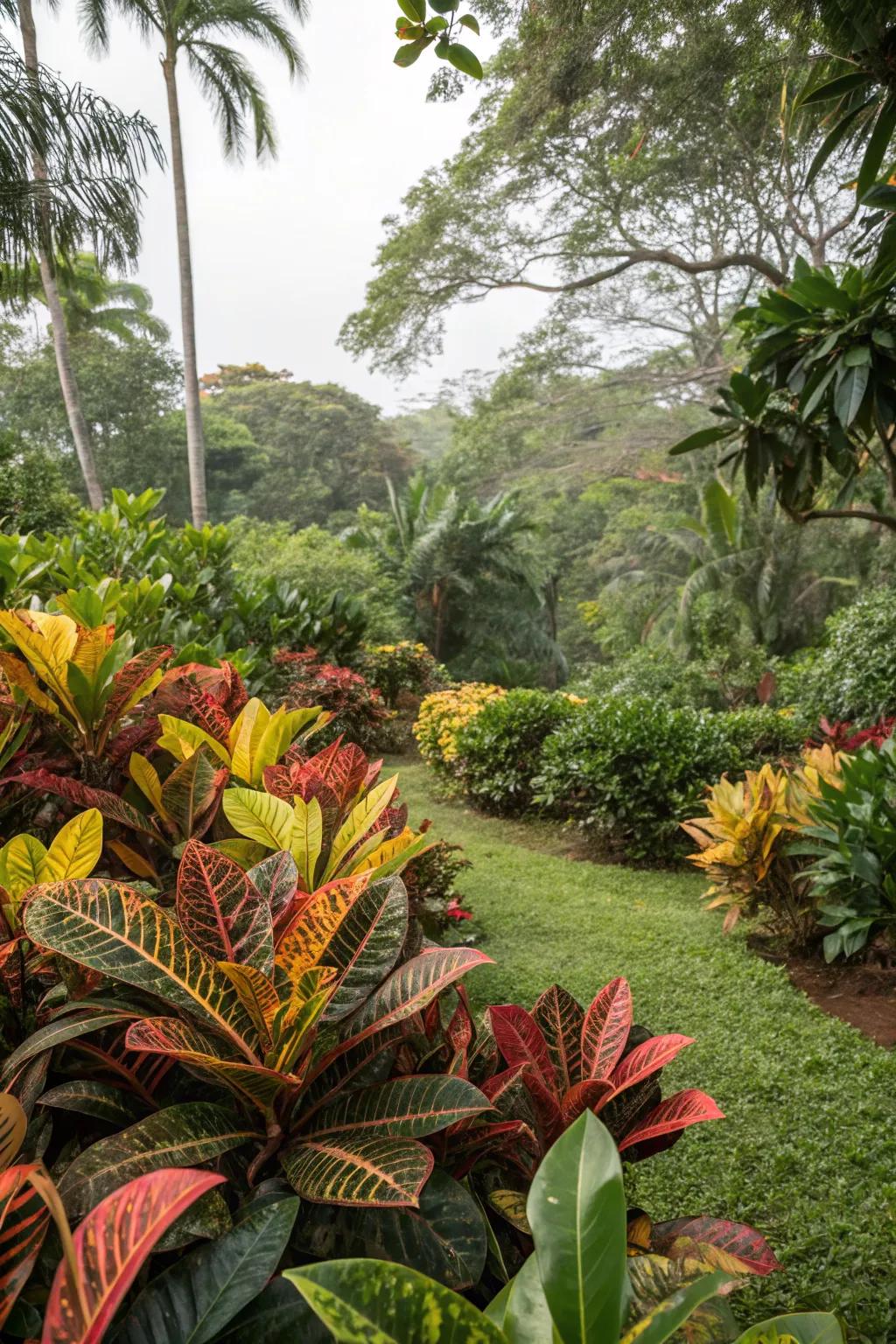 Mammy Crotons creating a tropical feel in a backyard oasis.