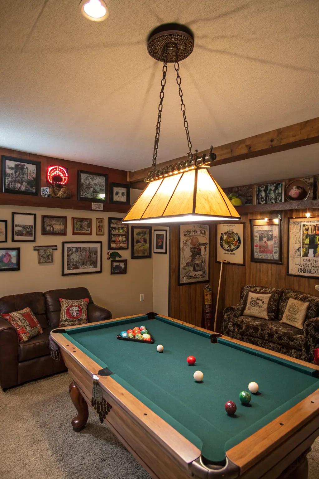 A vintage pendant light adds ambiance to a small pool table room.