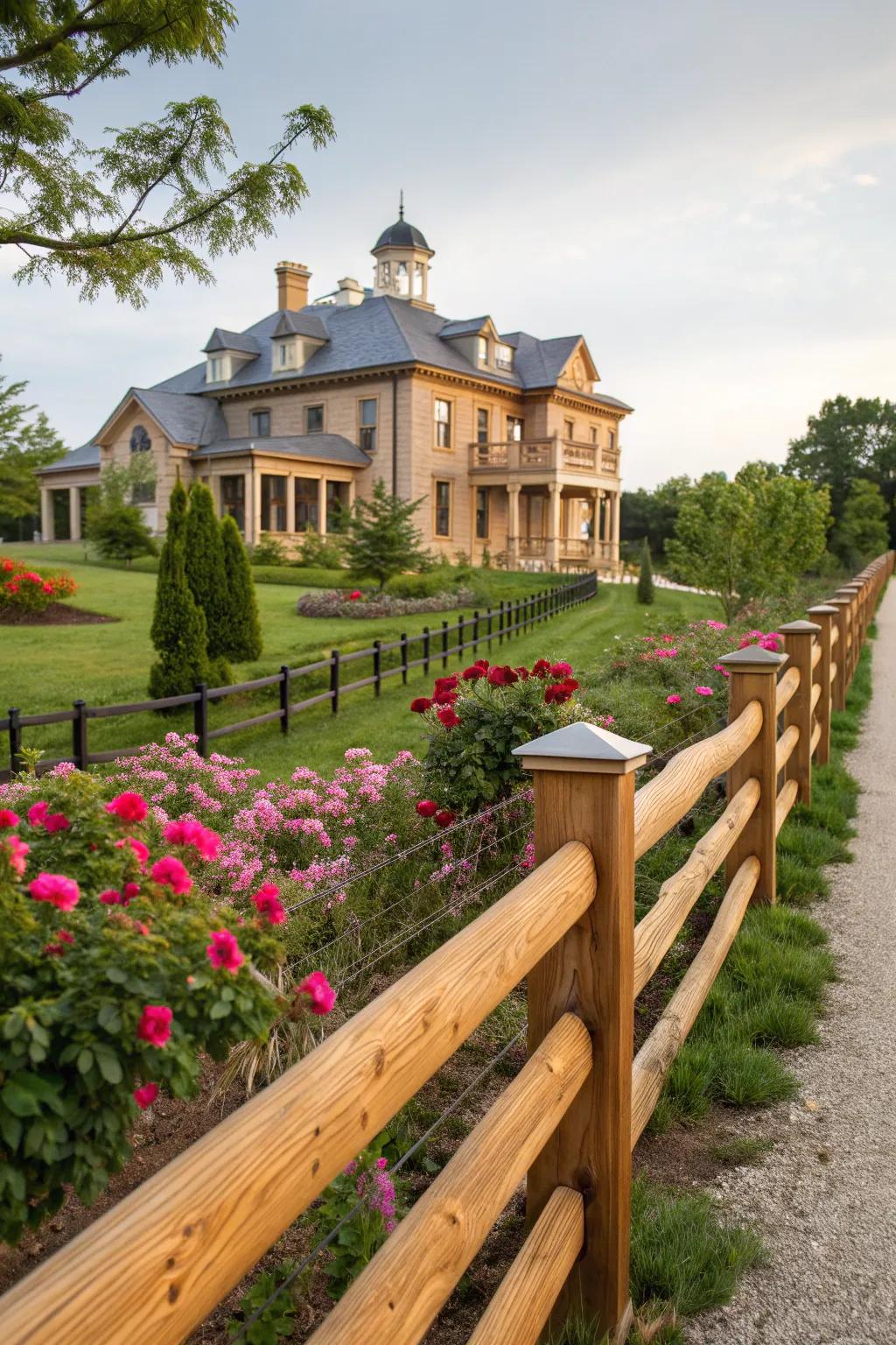 Add warmth and charm to your mansion with a beautifully crafted wooden fence.