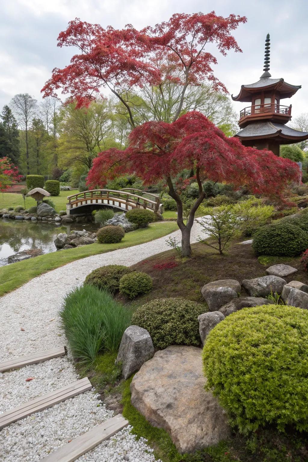 A Japanese-inspired garden with a maple tree offers a serene escape.