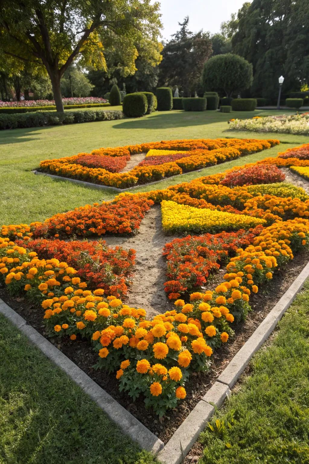 Geometric marigold patterns adding a modern touch to the garden.