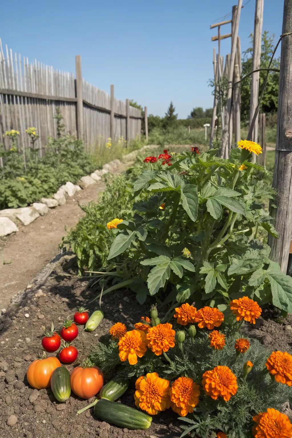 Marigolds and vegetables create a harmonious garden border.