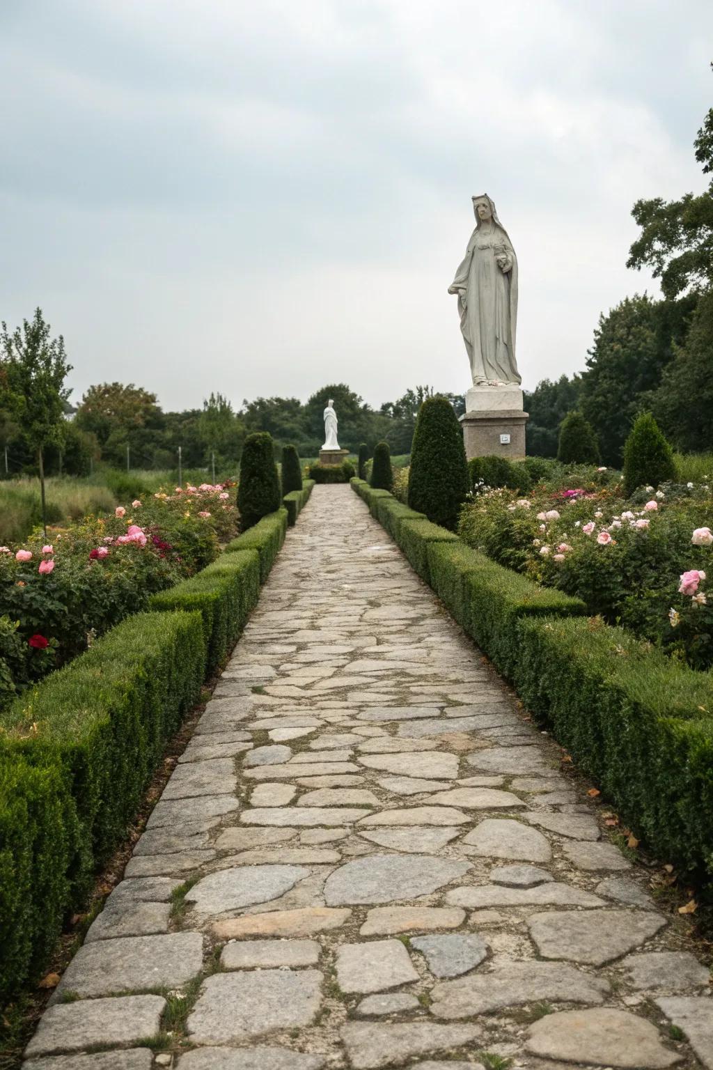 A stone pathway inviting reflection and serenity in a Mary garden.