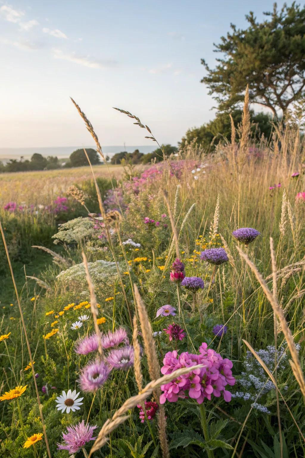 A harmonious blend of grasses and flowers creating texture and depth.