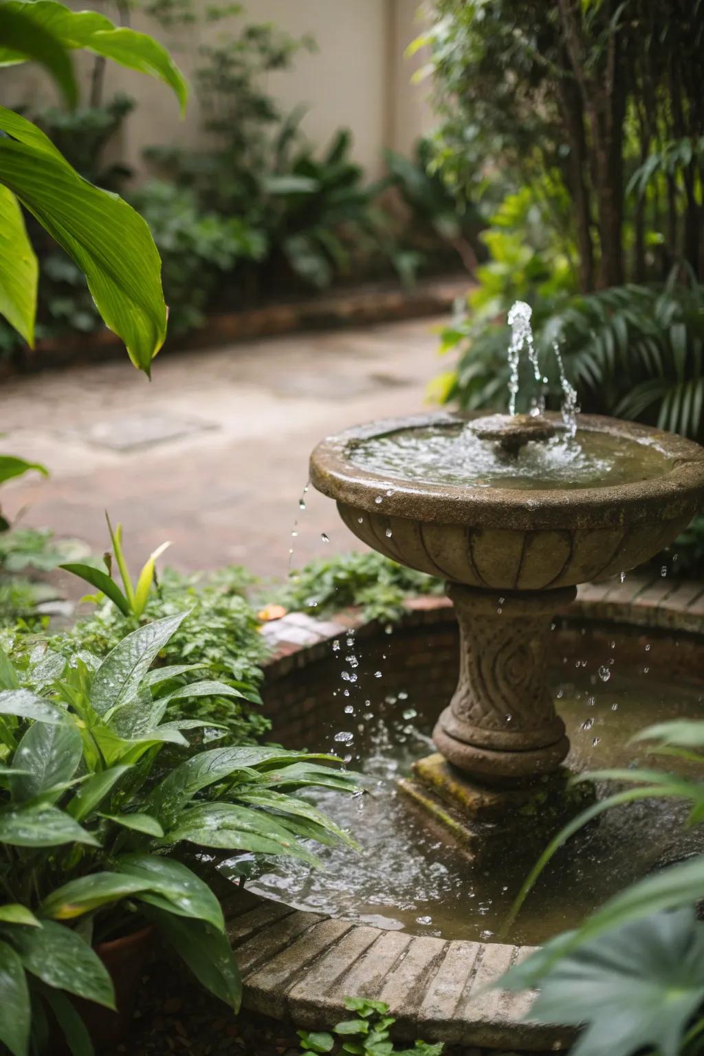A calming patio with a small fountain surrounded by greenery.