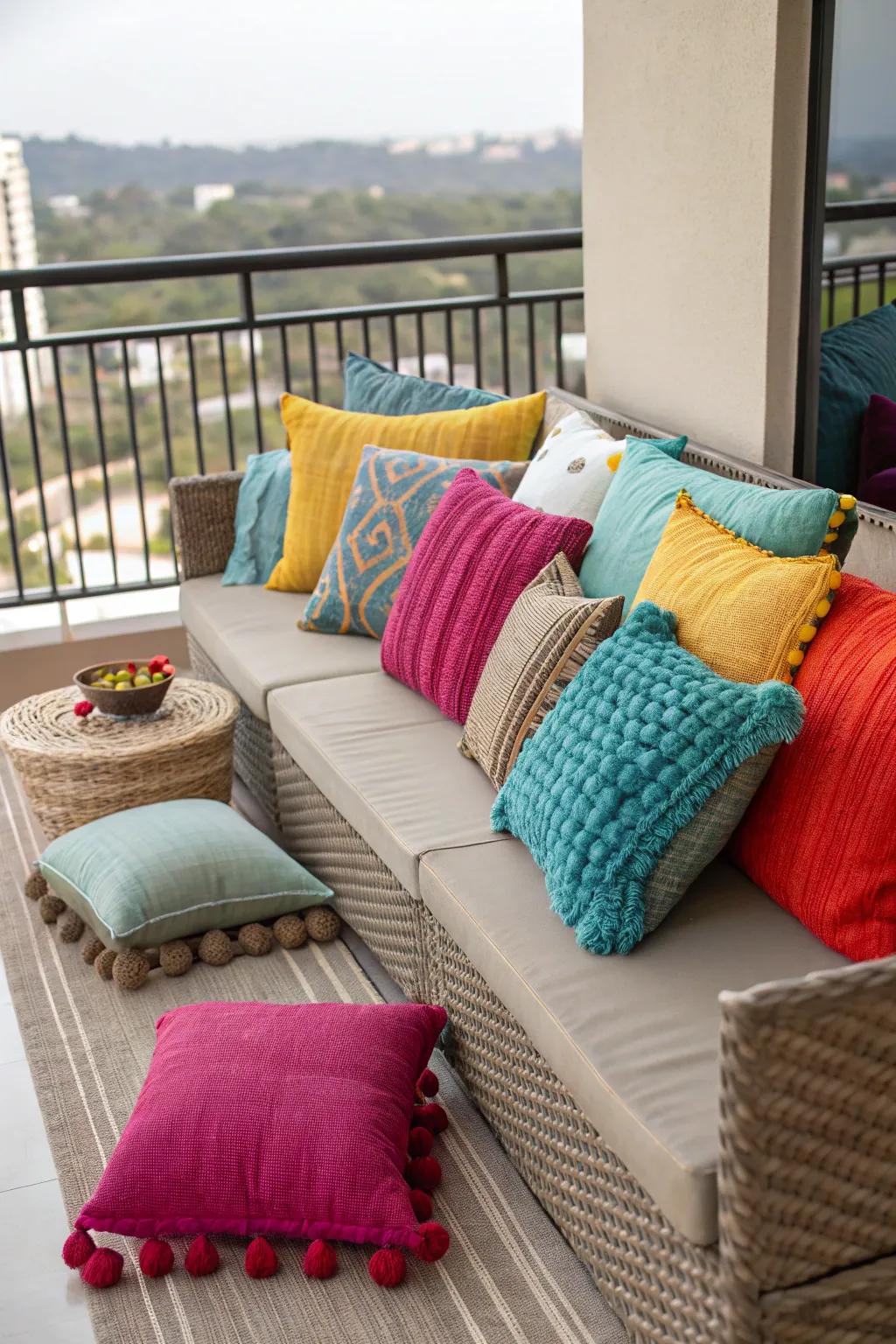 Vibrant and textured cushions add warmth and comfort to this Mediterranean balcony.