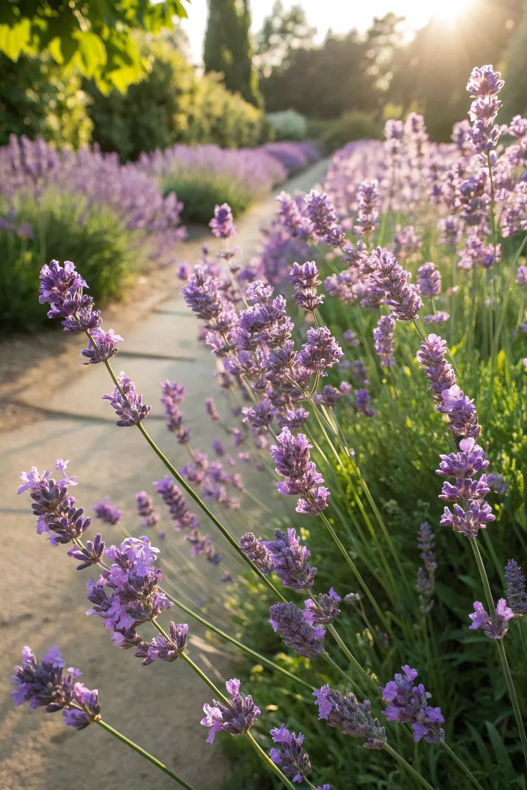 Fragrant lavender enhances the sensory experience of a Mediterranean garden.