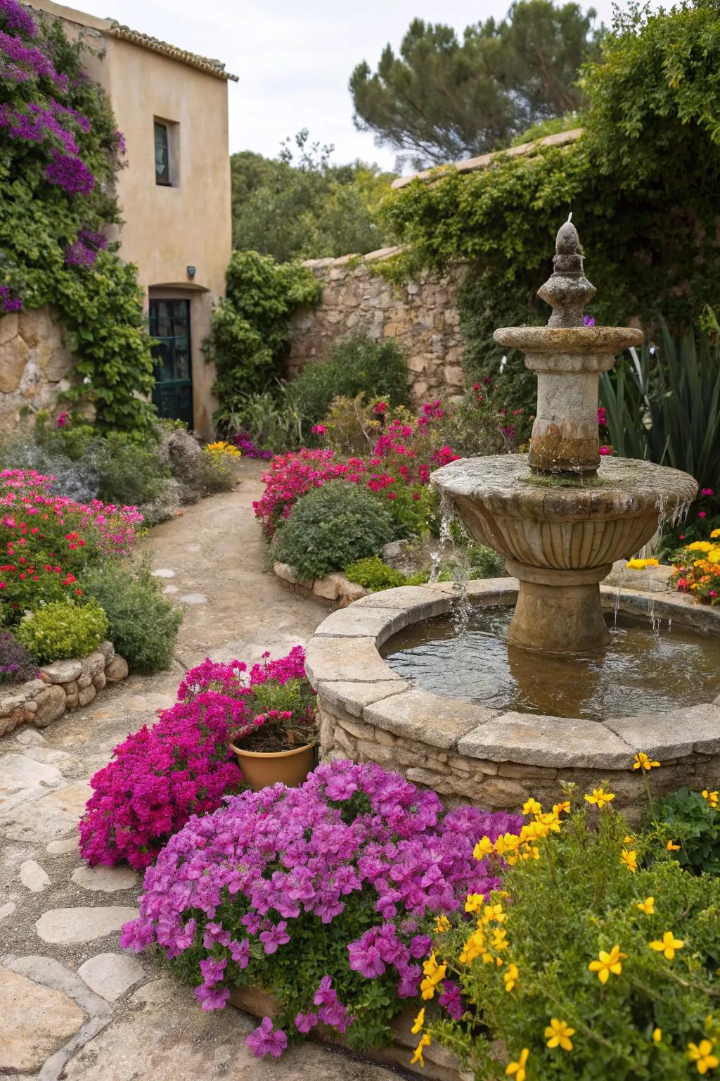 A tranquil water feature adds serenity to a Mediterranean garden.