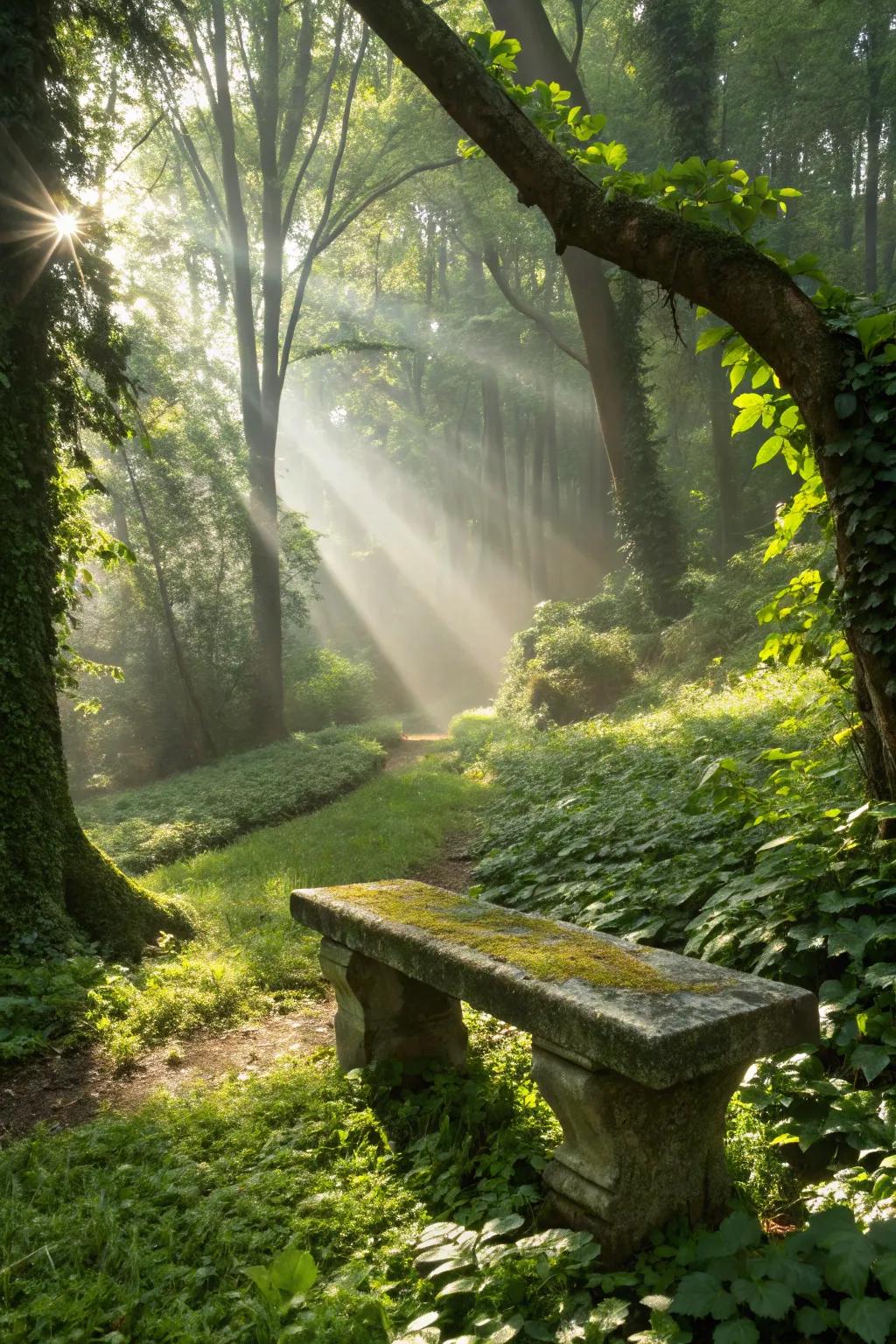 A serene natural setting for a memorial bench.