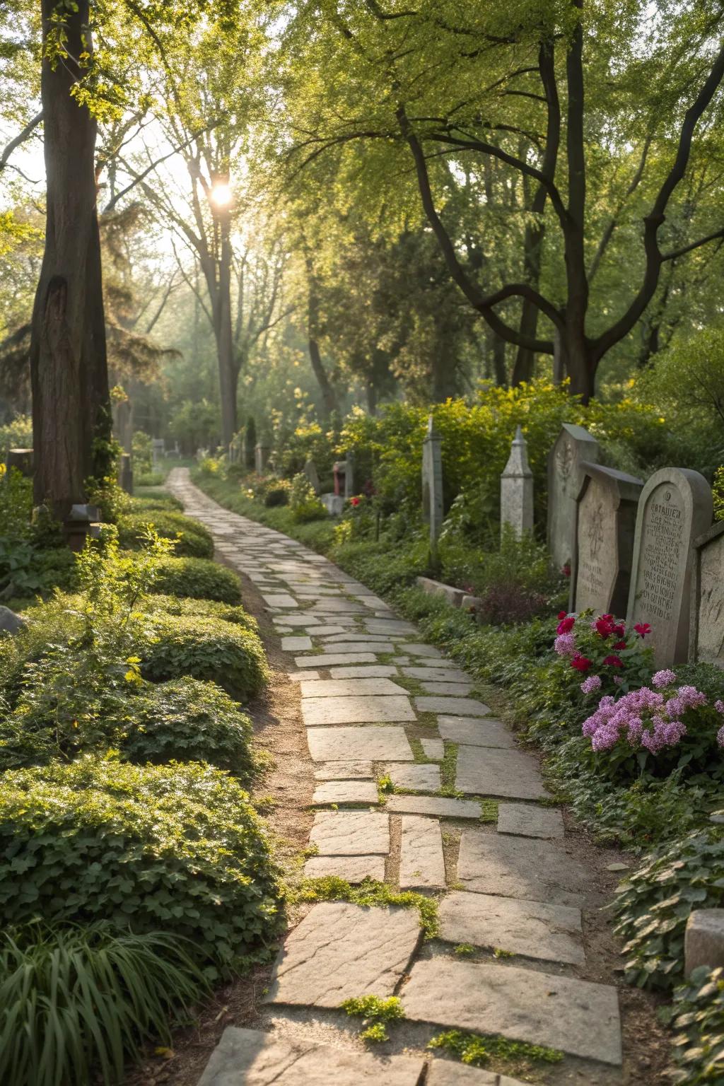 A stone pathway leading through a peaceful garden.