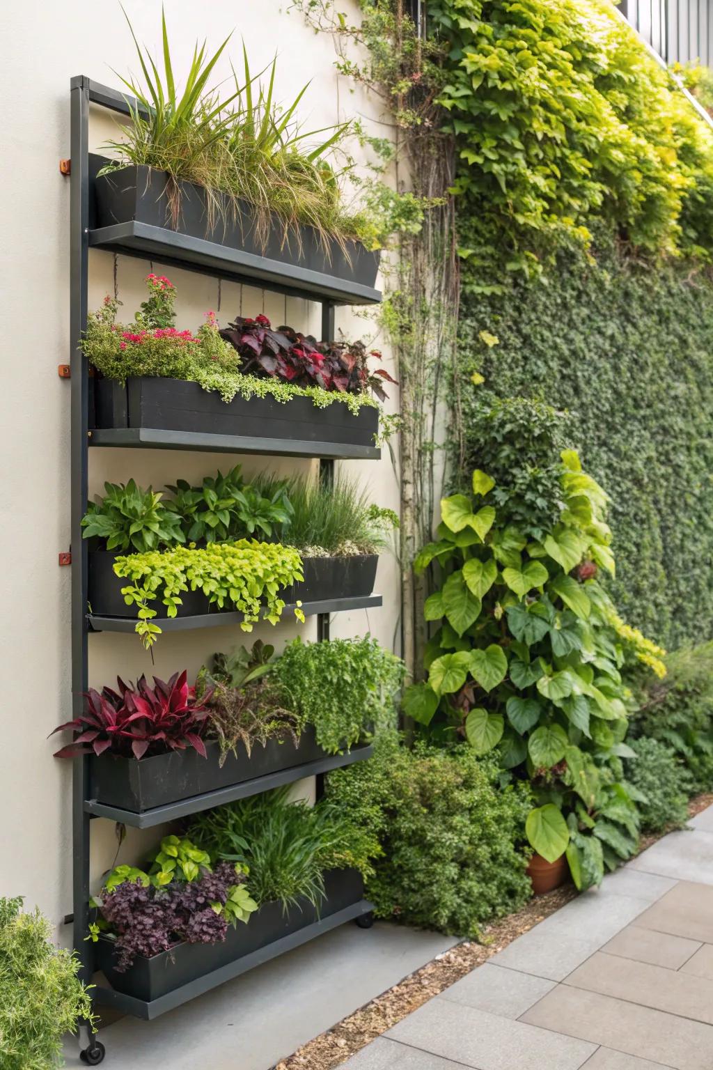 A vertical garden display using tiered shelving to maximize space.