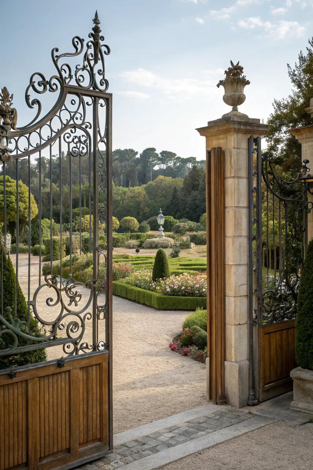 Intricate metalwork adds a touch of artistry to wooden gates.