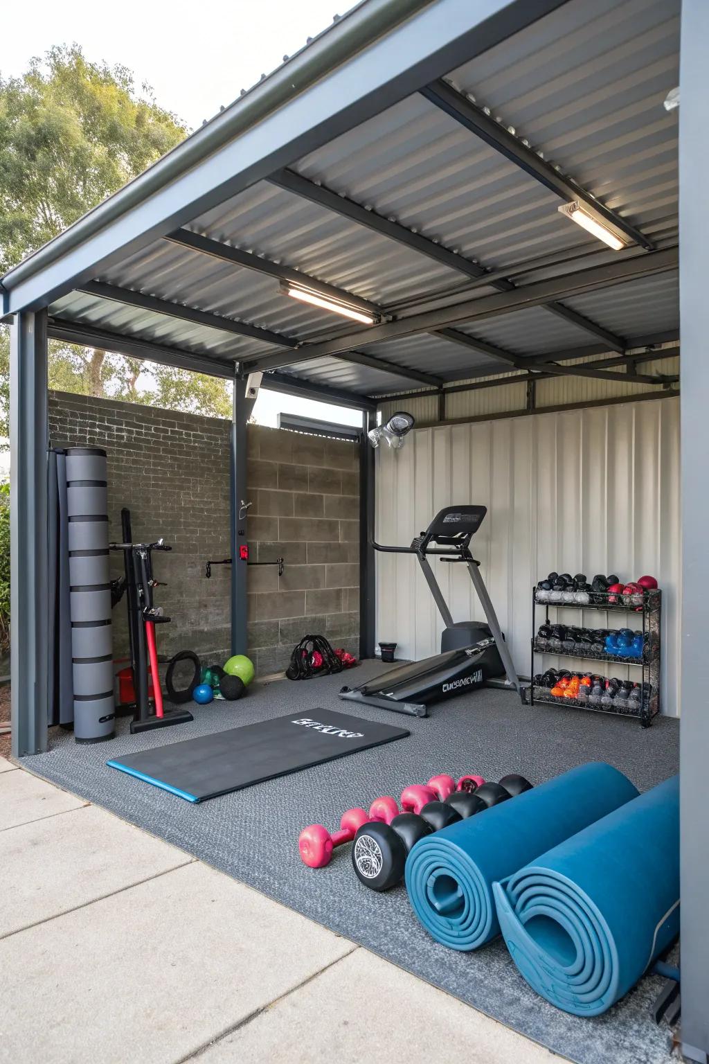 Stay fit with your own home gym under the carport.