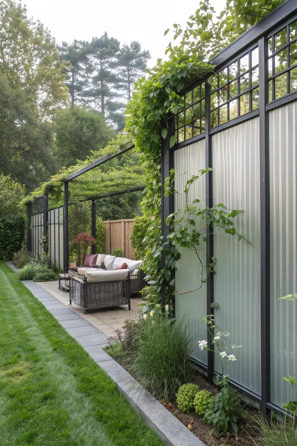 Metal fences with opaque panels offer privacy and style.