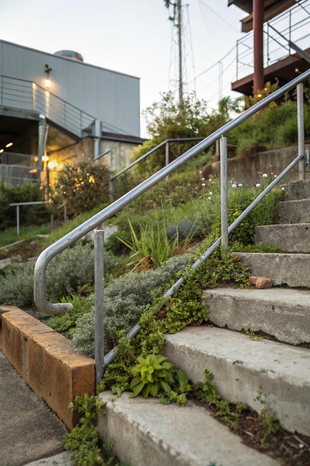 Galvanized steel handrails offer industrial flair and resilience.