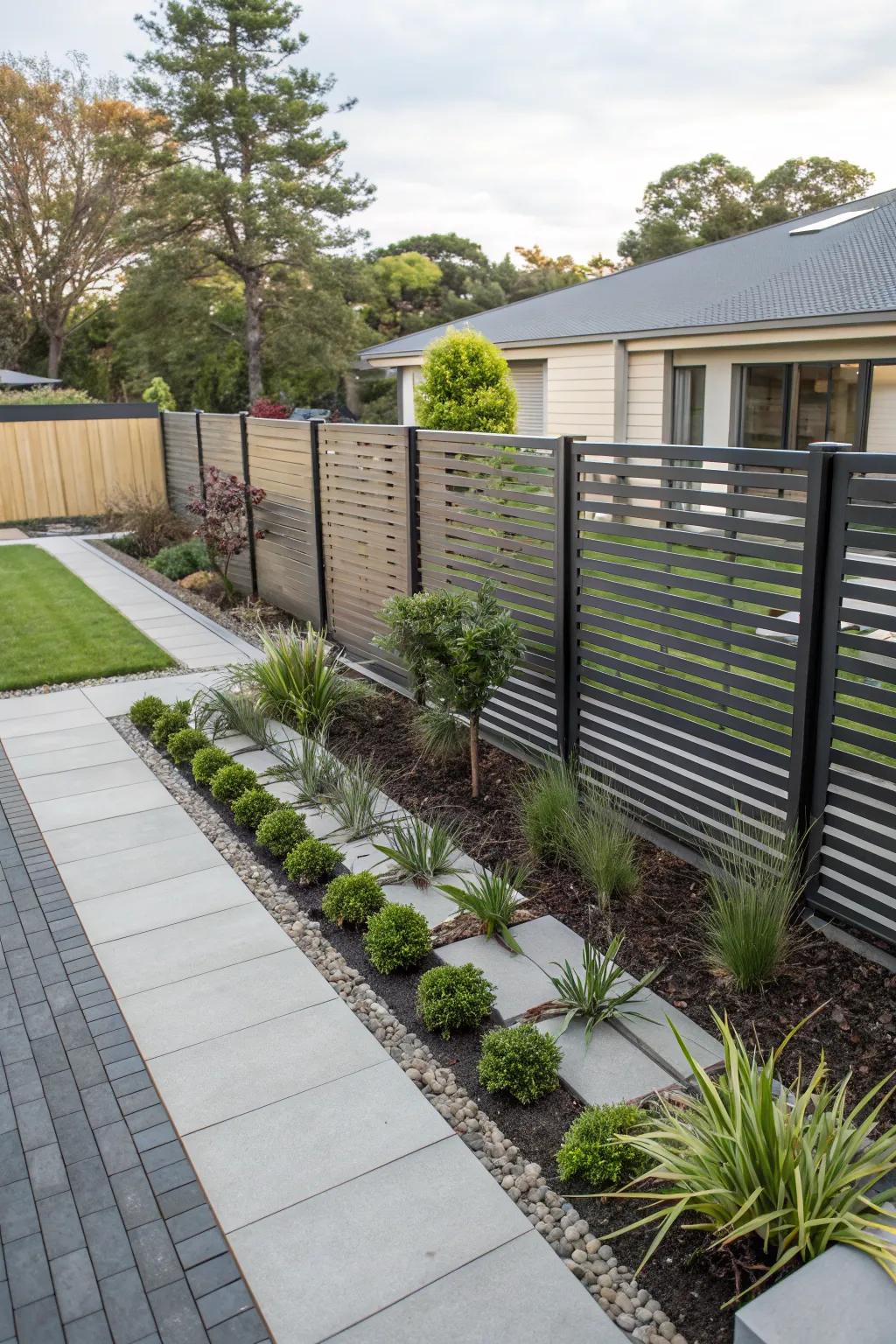 Contemporary horizontal slat fencing adding a modern touch.