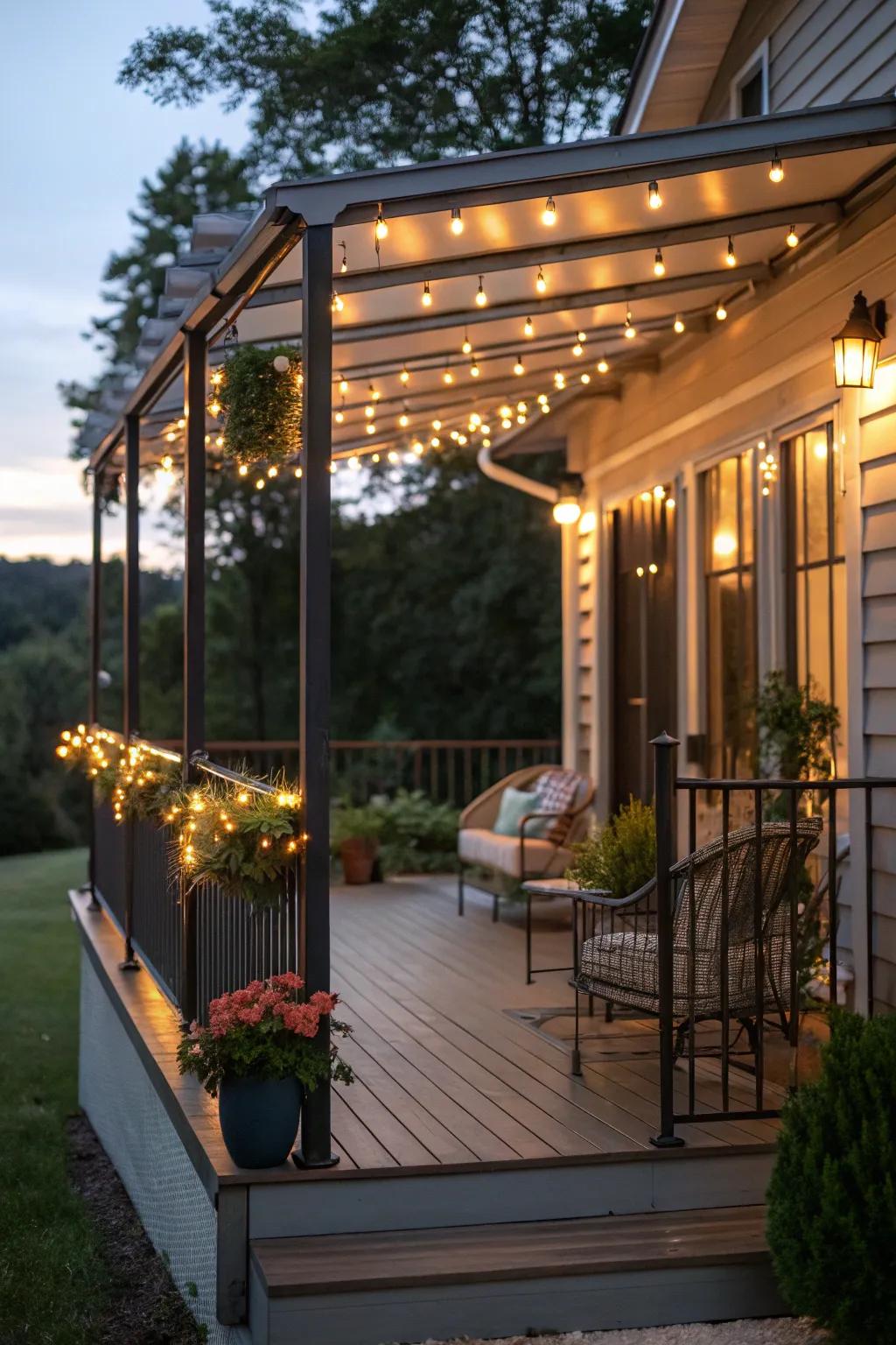 A metal porch with integrated lighting for added warmth.