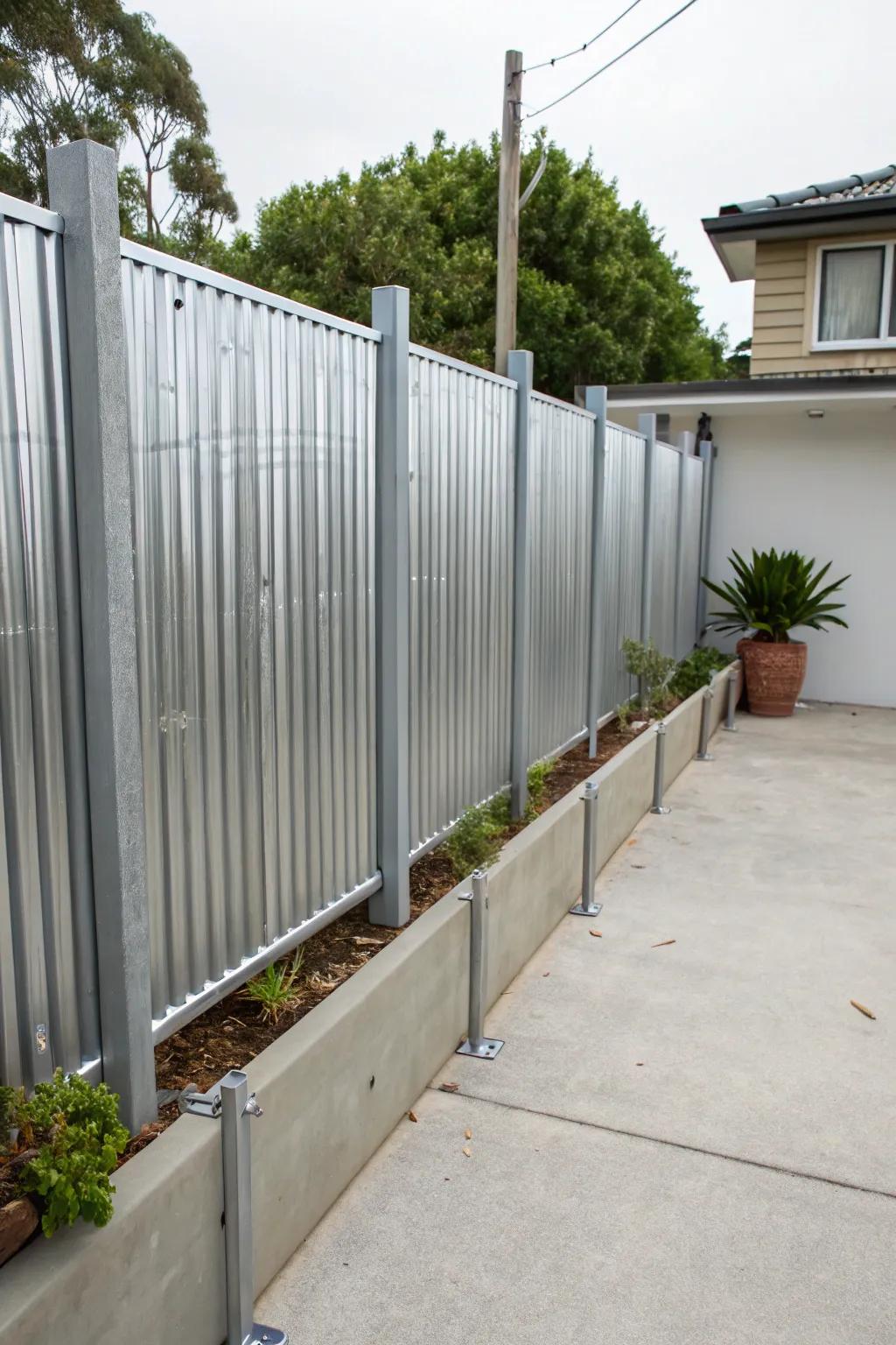 Galvanized steel fence with metal posts in a minimalist setting.