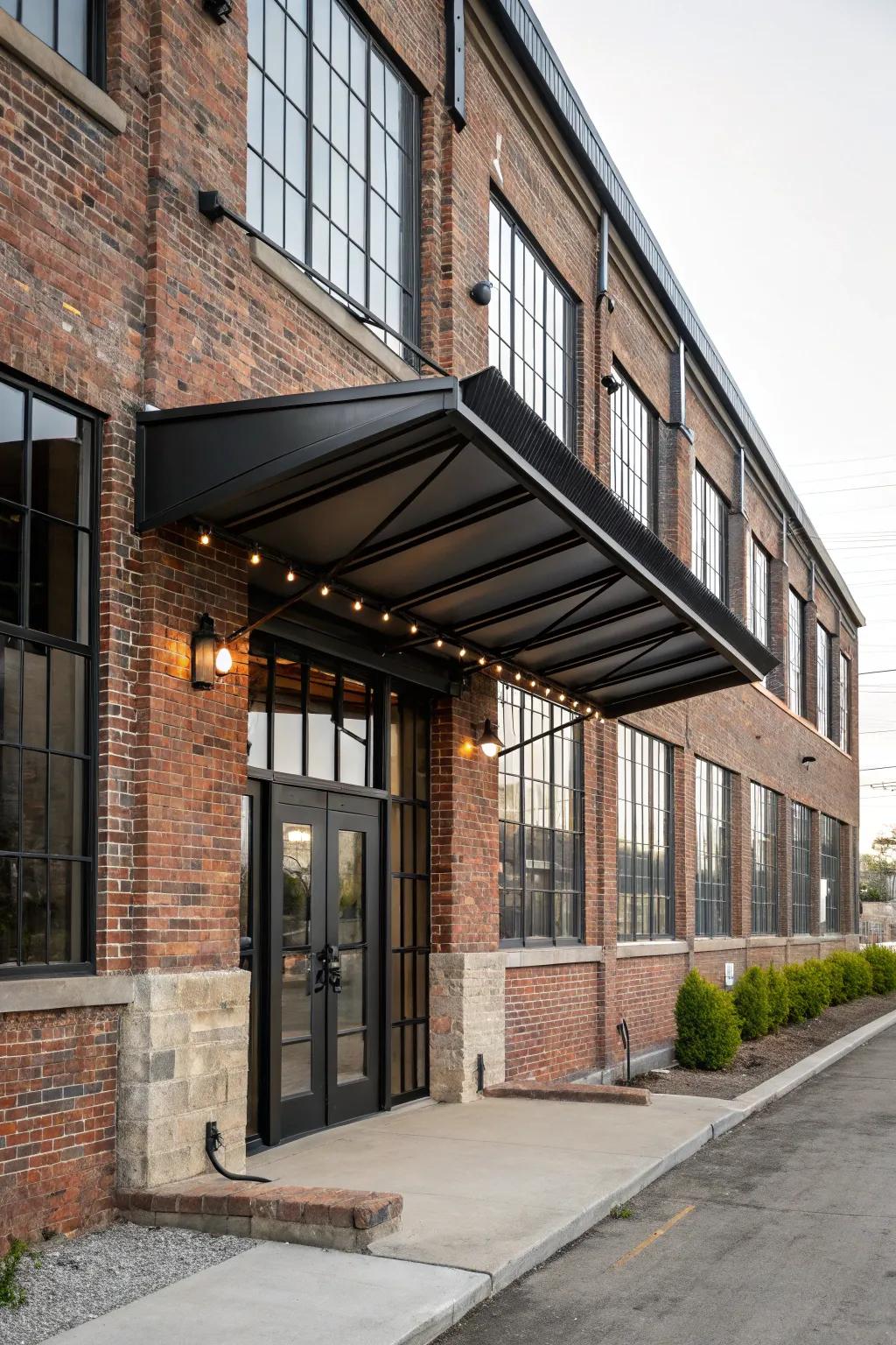 Black metal awning brings industrial chic to this space.