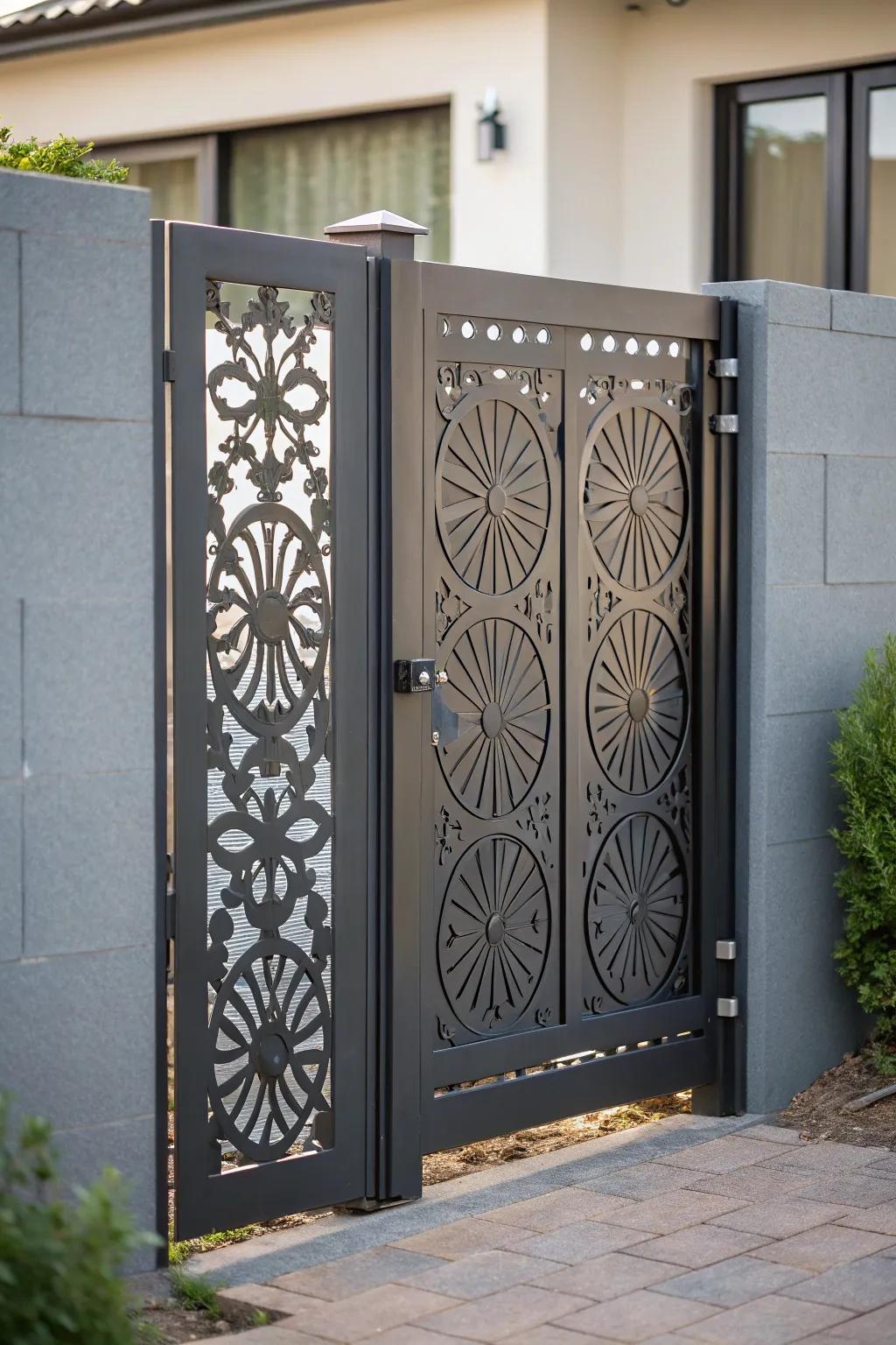 Solid metal gate offering privacy with a stylish twist