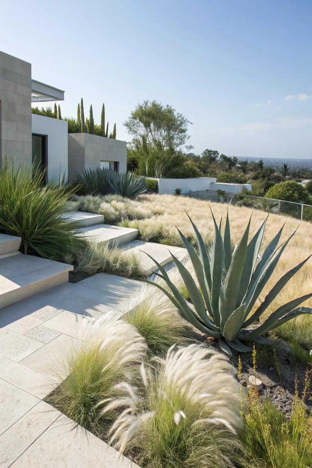Agave adds a dramatic touch to Mexican feather grass.