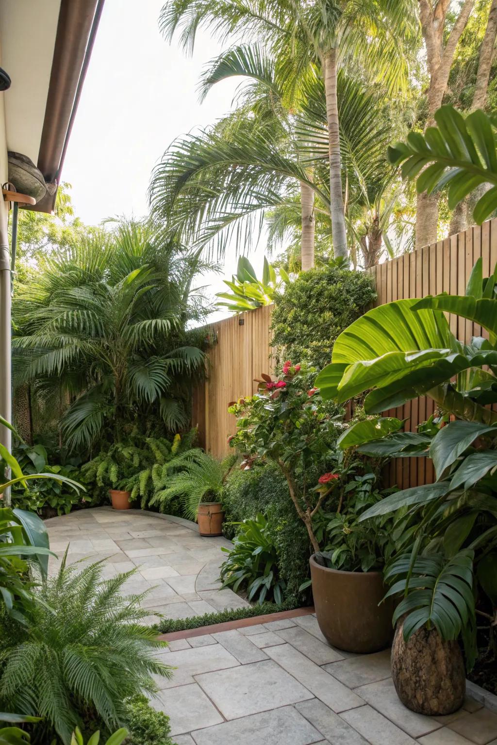 A lush green oasis with tropical plants and hanging baskets.