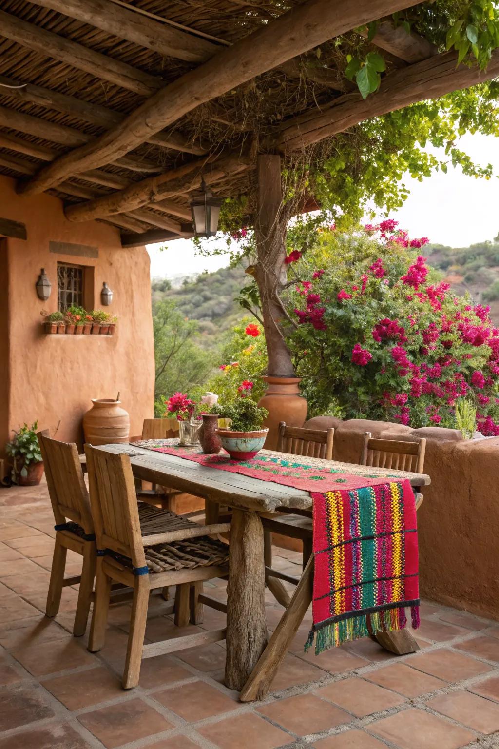 A rustic wooden furniture set on a Mexican patio, exuding warmth and charm.