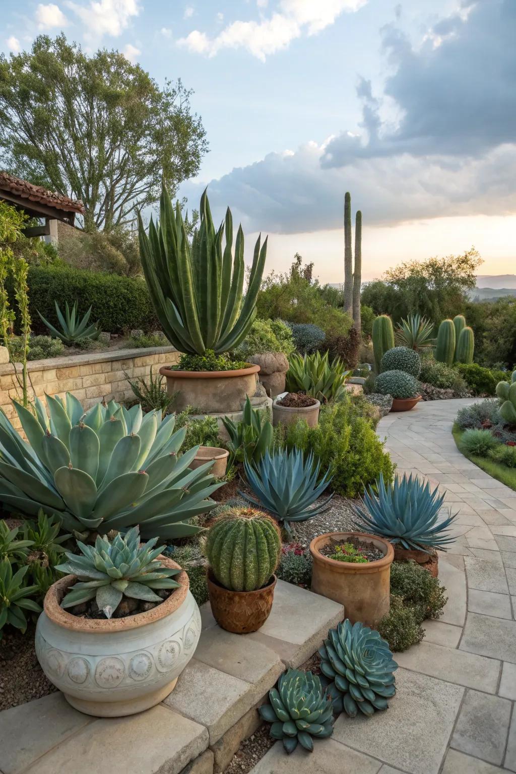 A lush display of succulents adds striking texture to this backyard.