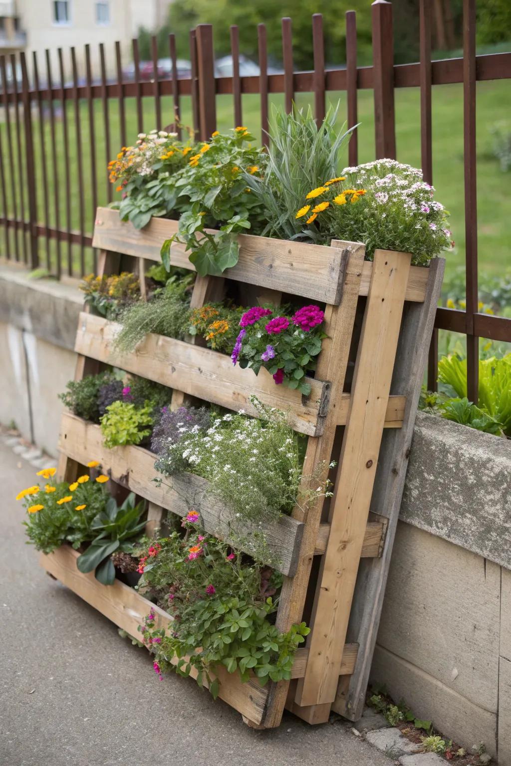 A wooden pallet creatively transformed into a rustic garden planter.
