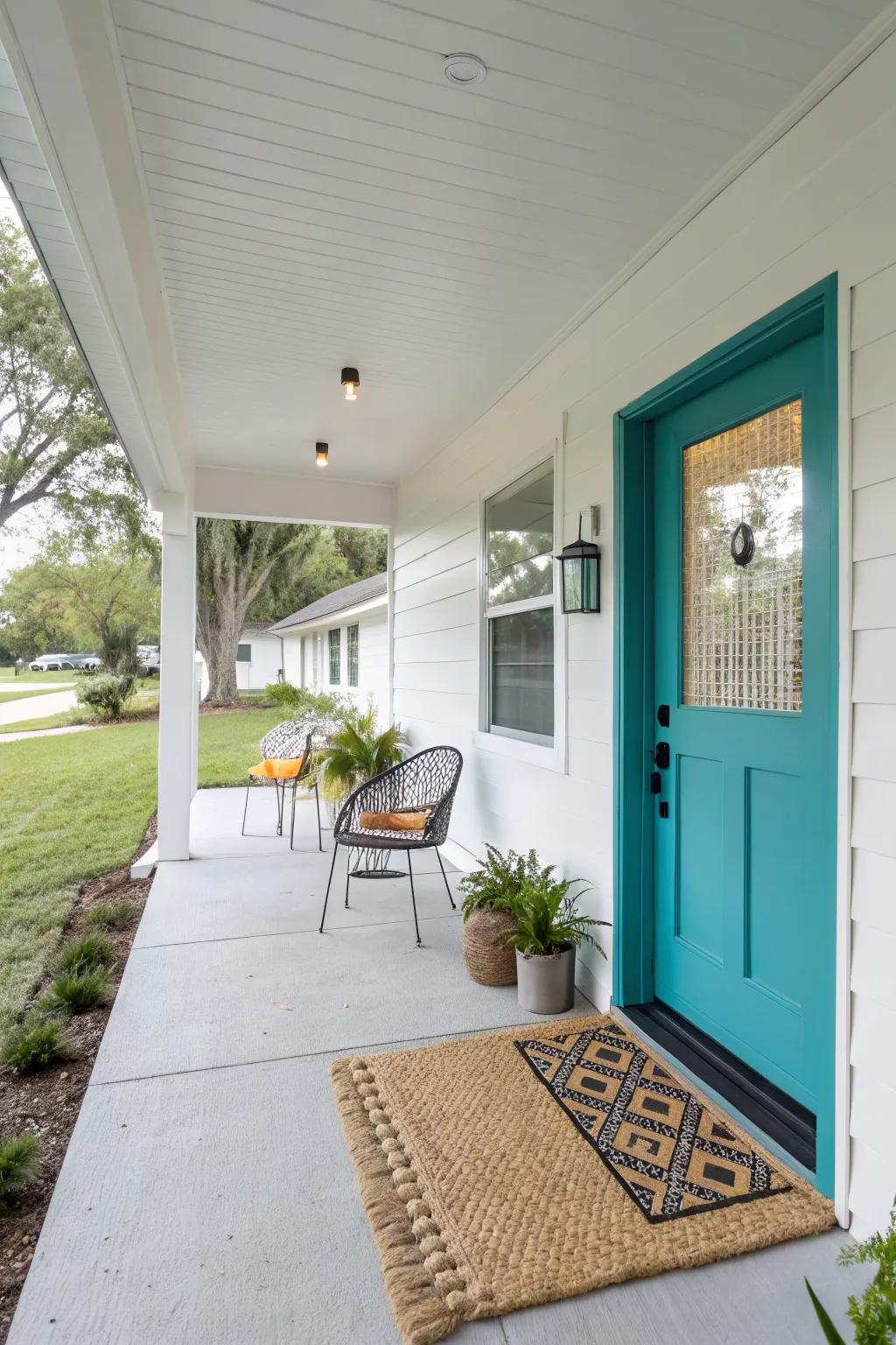 A bold color accent like turquoise can transform your front porch.