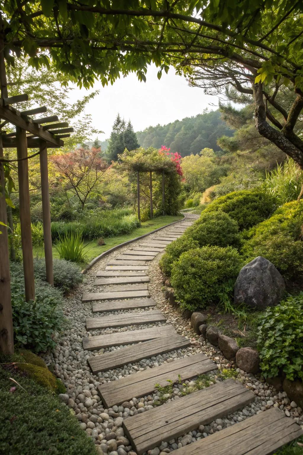 Natural materials such as wood and stone add timeless charm to your garden.