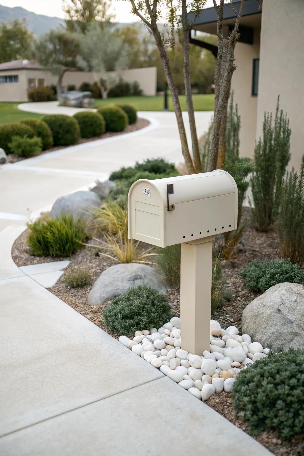 A neutral-toned mailbox that harmonizes beautifully with its surroundings.