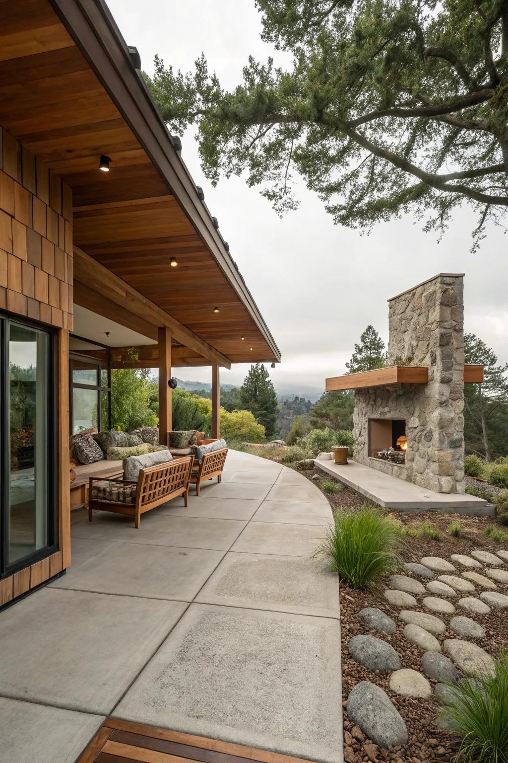 Natural materials like wood and stone enhance the mid-century modern aesthetic.