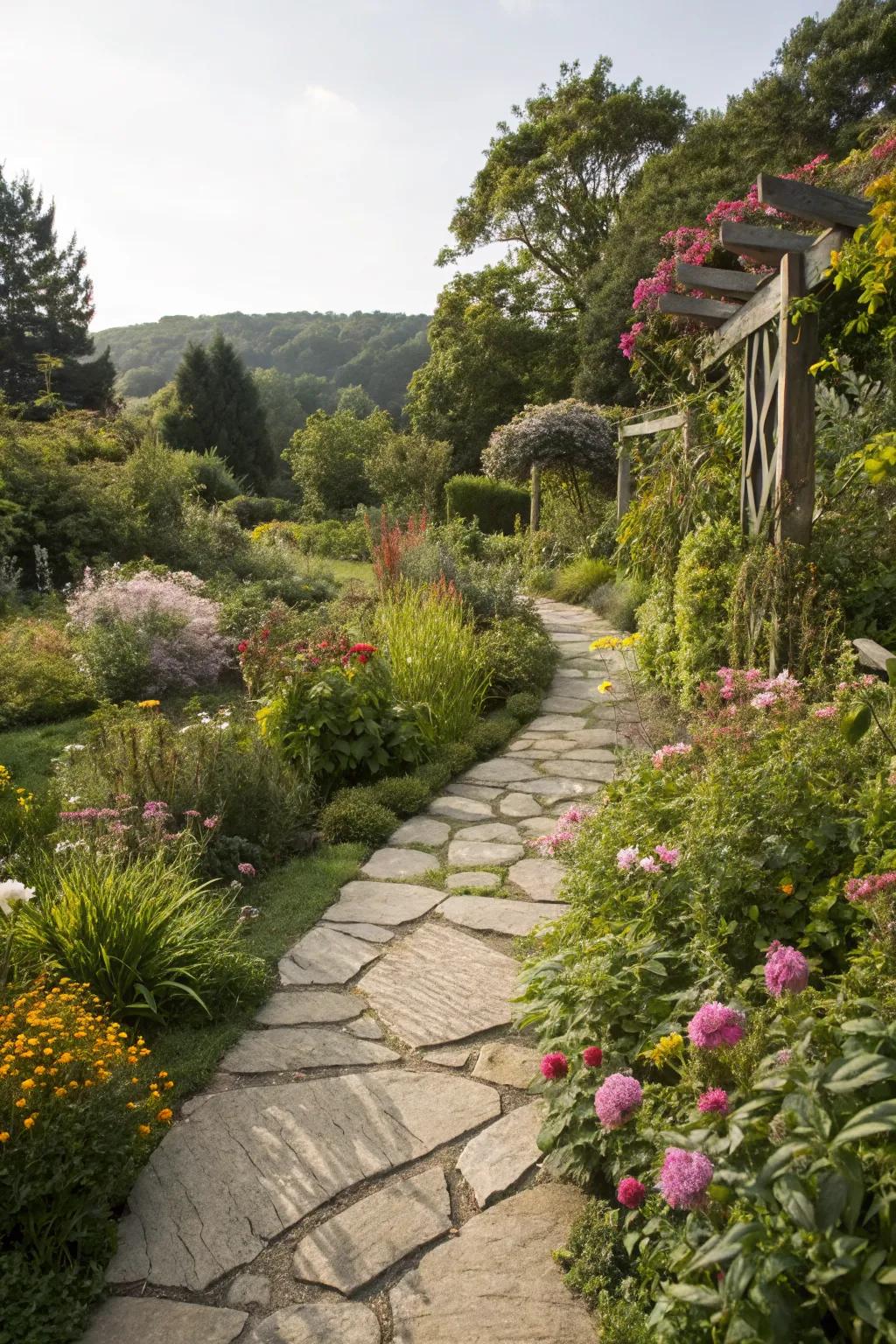 A stone pathway adds structure and invites exploration.