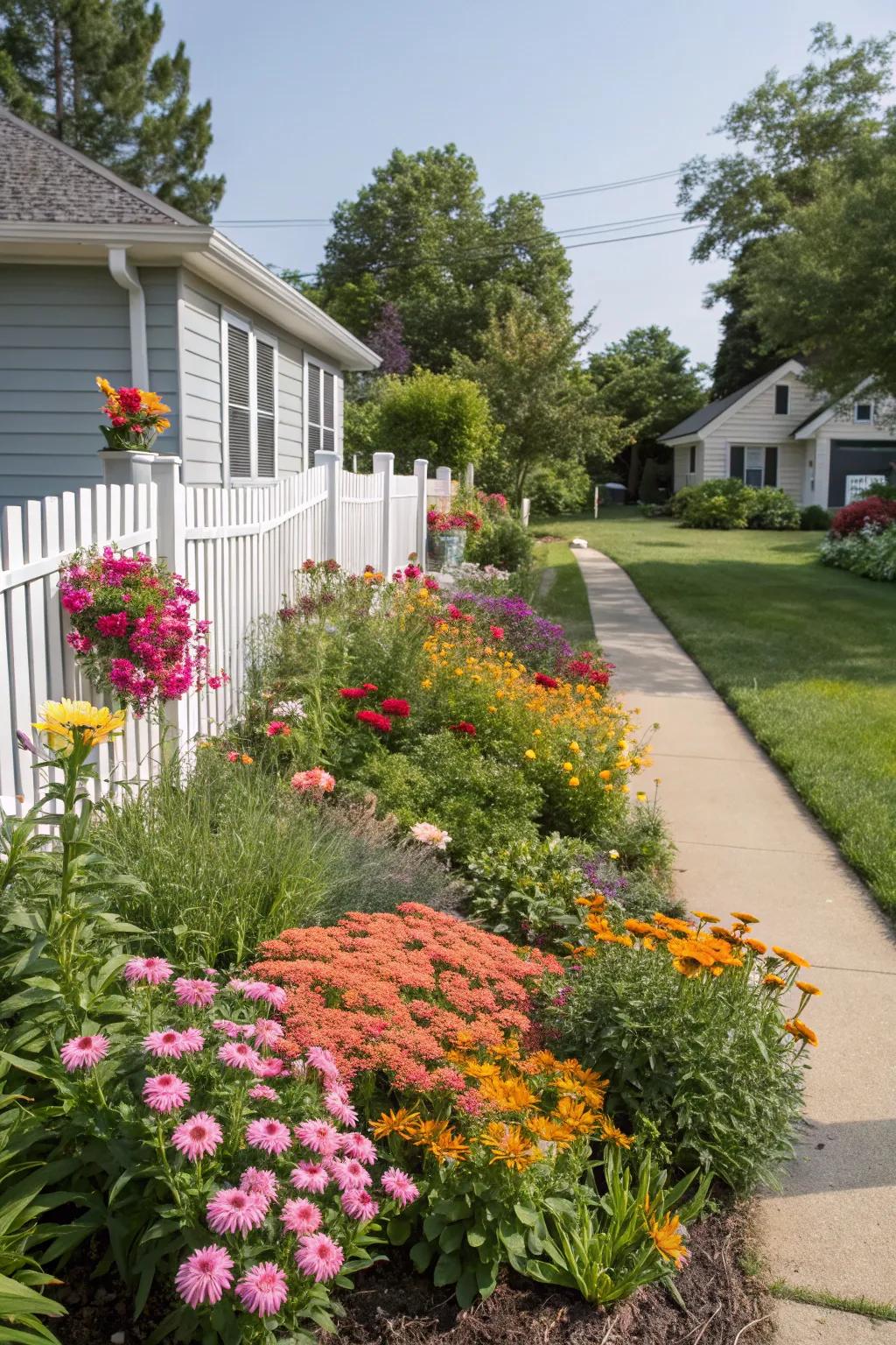 Colorful seasonal blooms add year-round interest to this Midwest front yard.