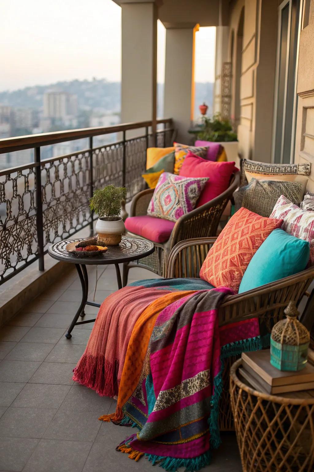 Use textiles to add warmth and color to your mini balcony.