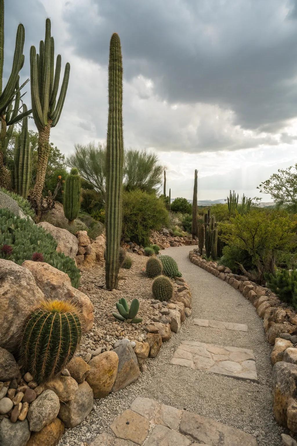 A desert-inspired cactus garden with natural elements.