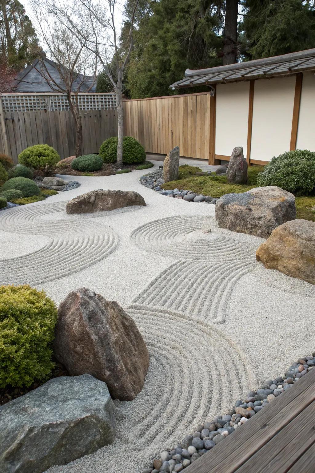 Raked gravel introduces a peaceful Zen vibe to the garden.