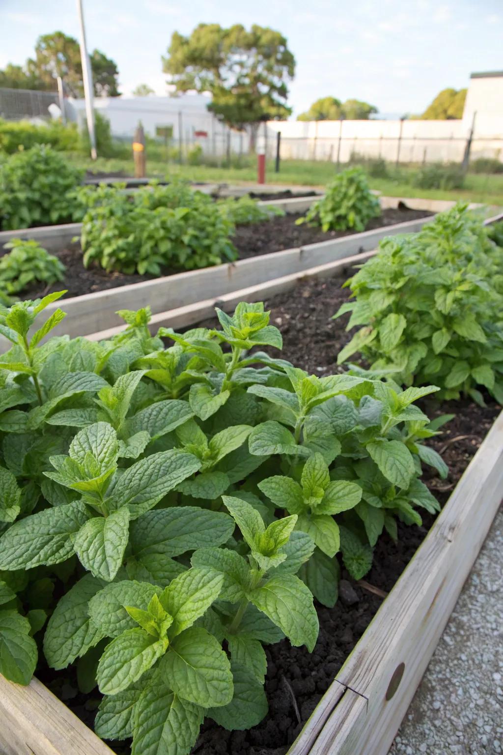 A neat and organized raised bed garden for mint.