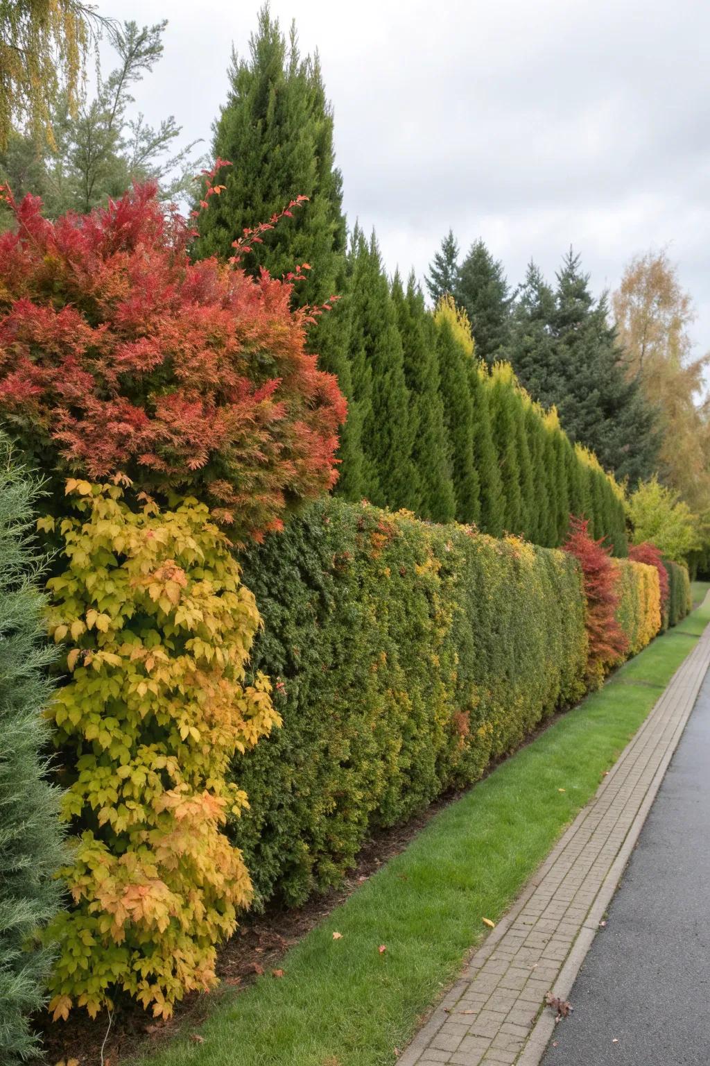 A mixed hedge displaying both evergreen and deciduous plants, showcasing seasonal changes.
