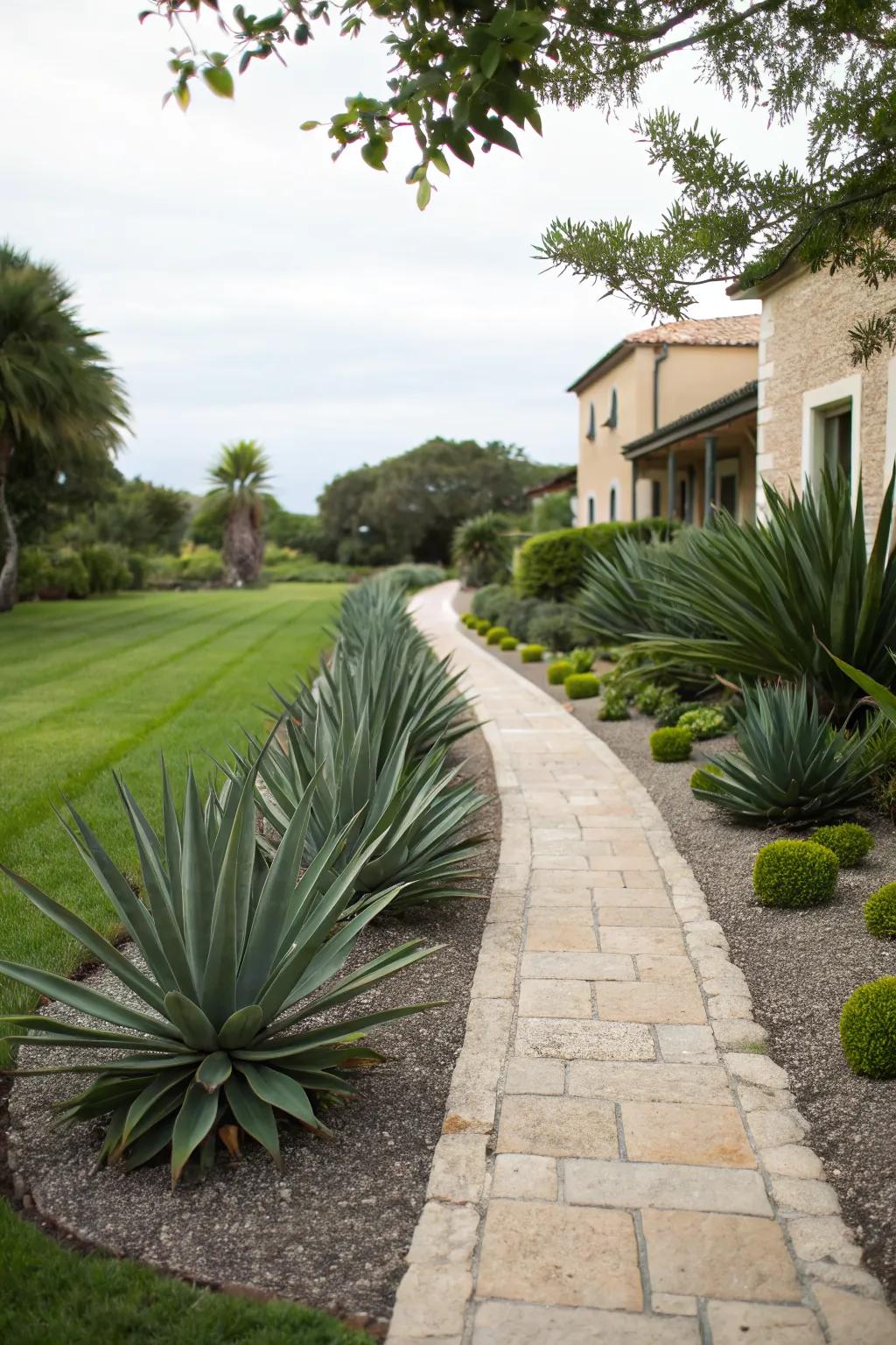 Pathway elegance enhanced by agave plant borders.