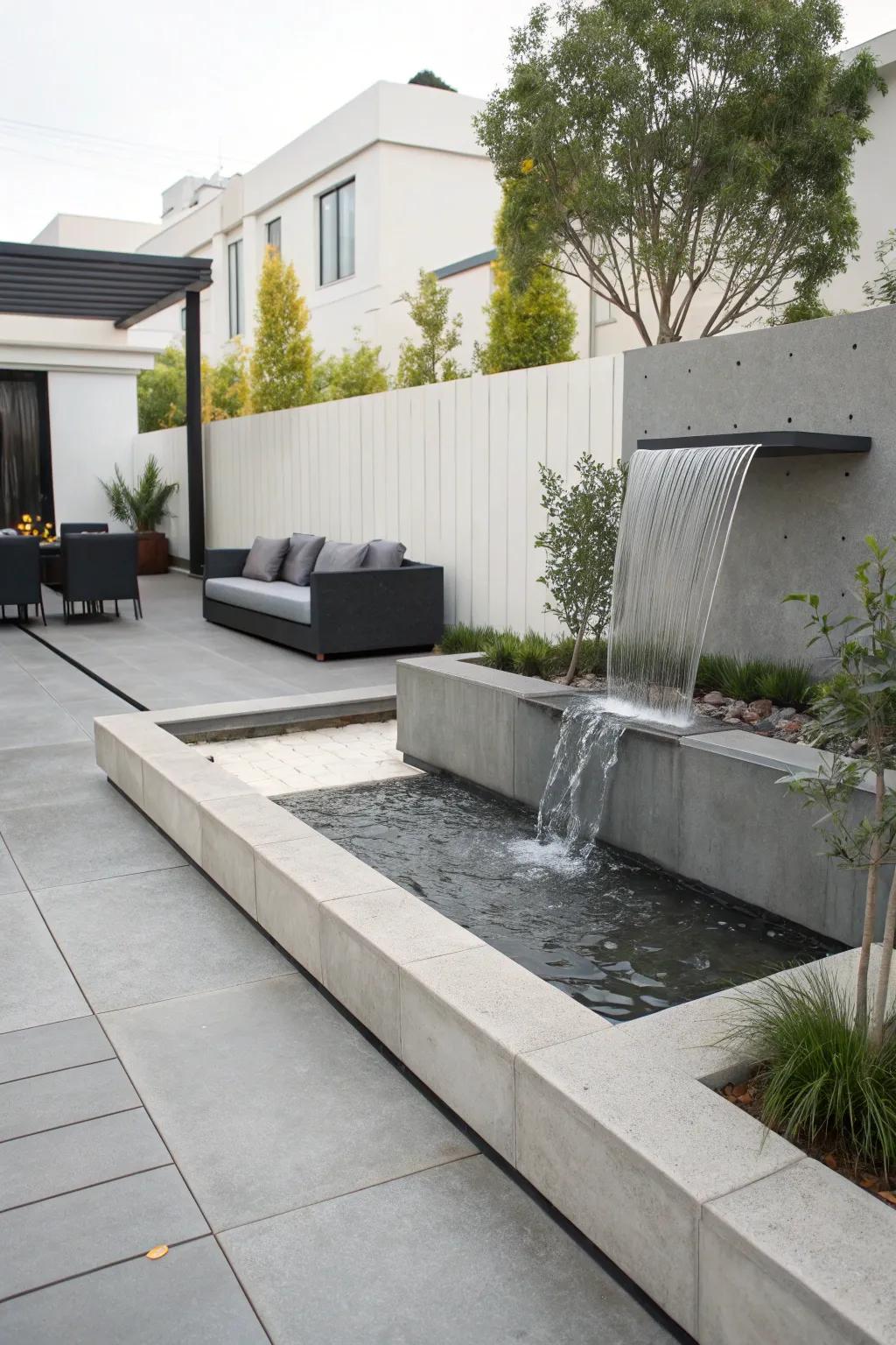 A concrete waterfall offers a sleek and modern aesthetic.