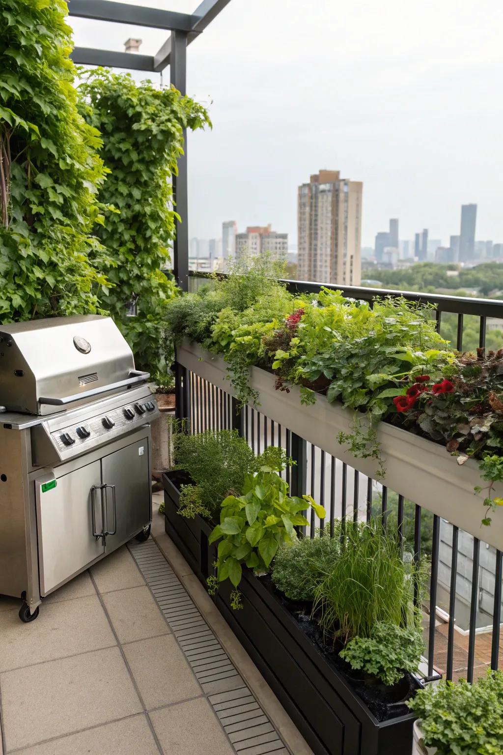 Balcony grill with built-in planters, creating a lush, green retreat.