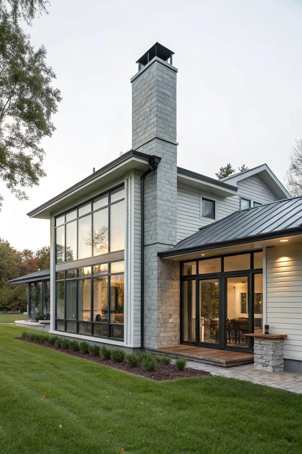 Chimney seamlessly blends with the home's architecture.