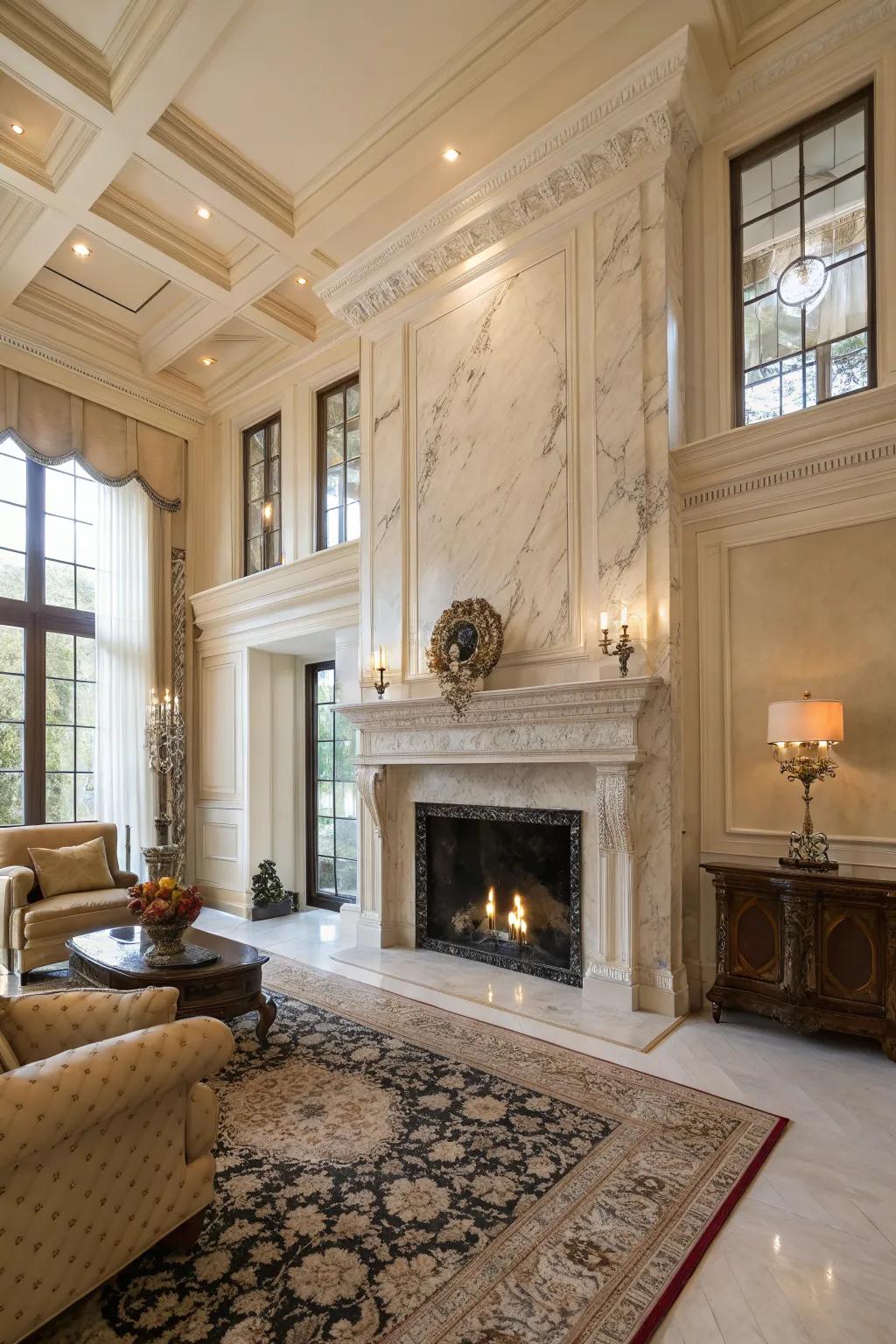 Dramatic floor-to-ceiling marble fireplace in a modern living room.