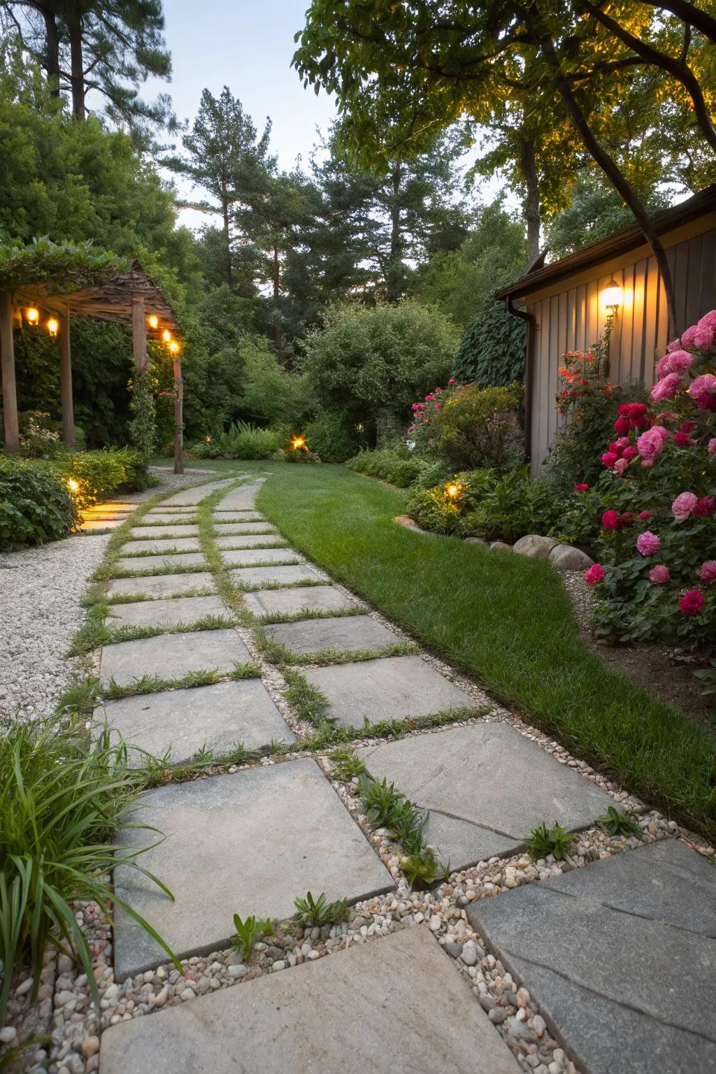 A driveway integrating grass and gravel for a natural contrast.