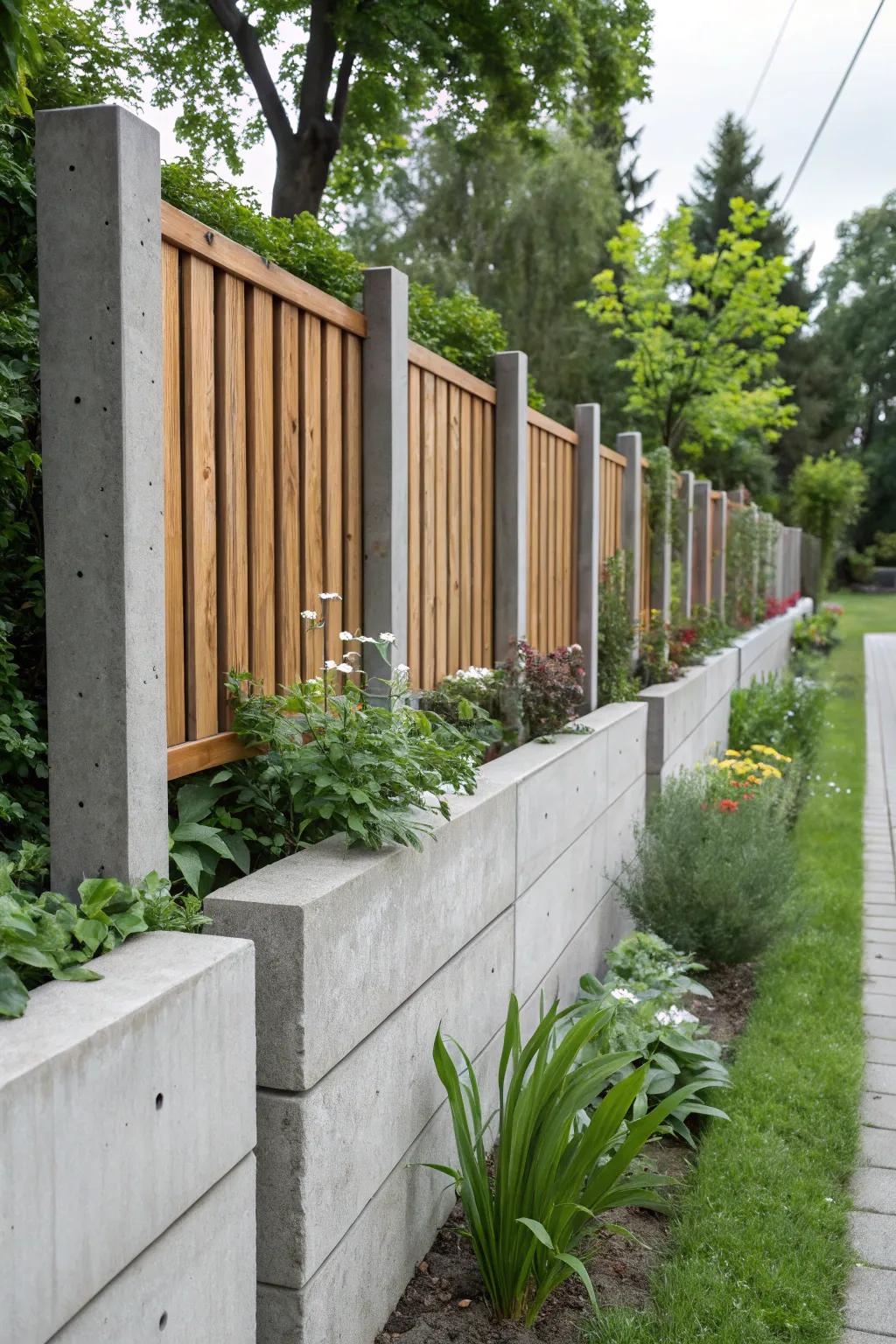 The fusion of concrete and wood creates an inviting contrast.