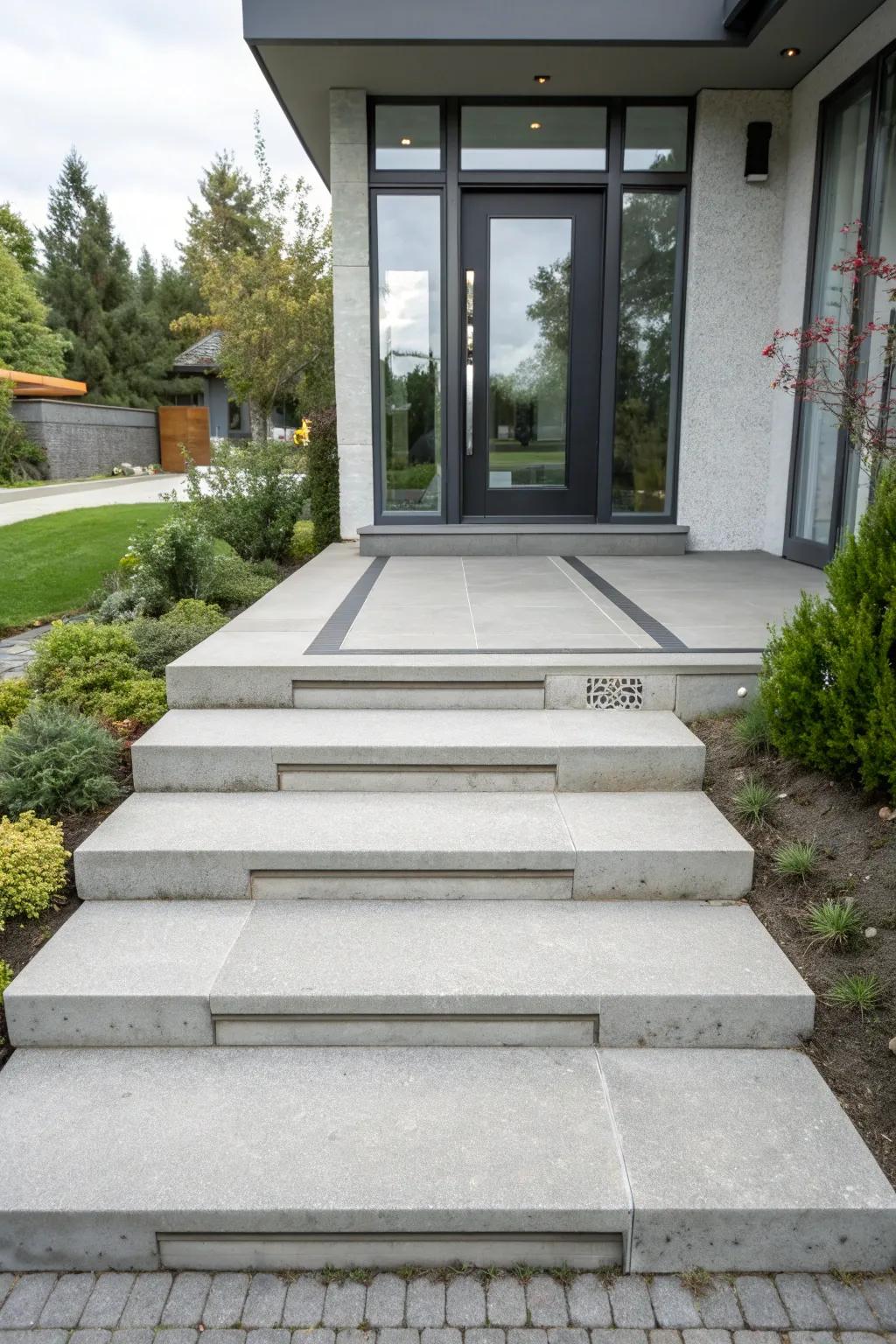 Layered concrete steps add dimension to a modern entrance.