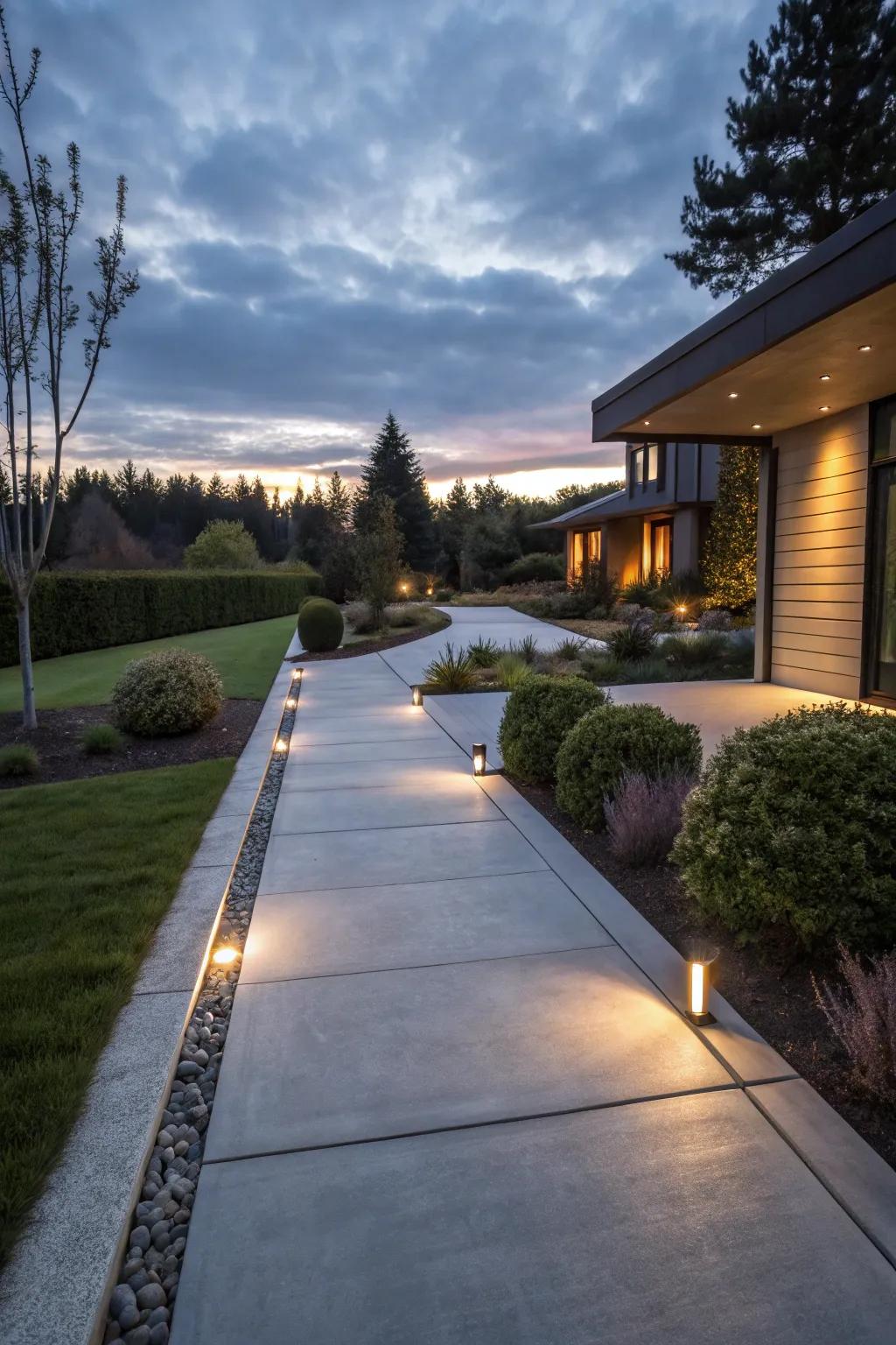Integrated lighting along concrete paths offers a welcoming glow at night.