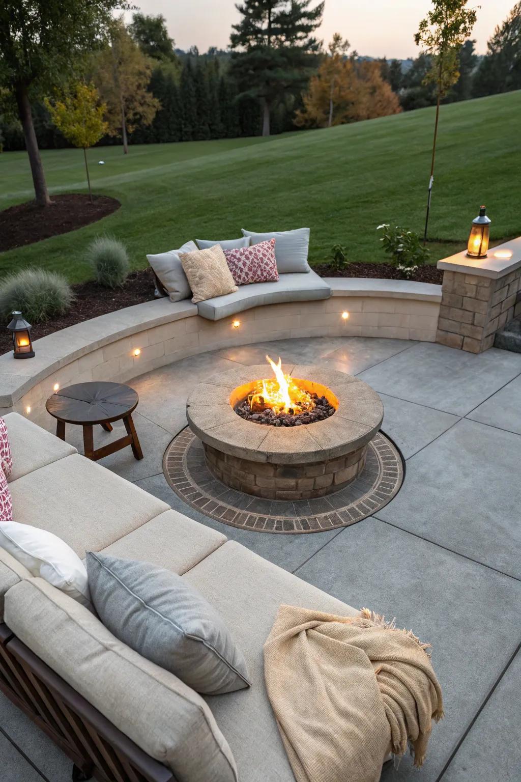 A fire pit becomes the heart of your patio, ideal for cozy gatherings.